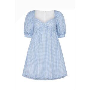 RTR Blue Gingham Babydoll Bow Dress With Puff Sleeves XL cottage core festival